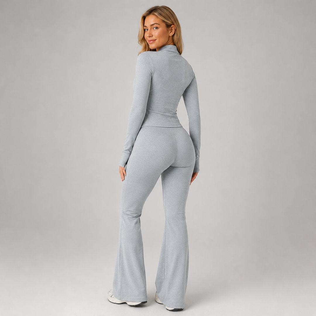 Coordinated Ribbed Set for Women Montarello, Zip-Up Top and Flared Pants