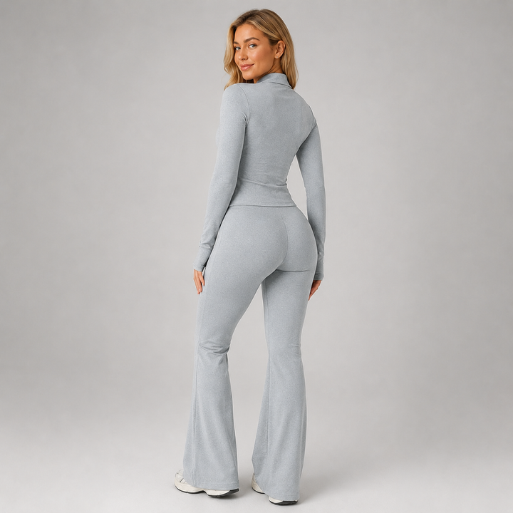 Coordinated Ribbed Set for Women Montarello, Zip-Up Top and Flared Pants