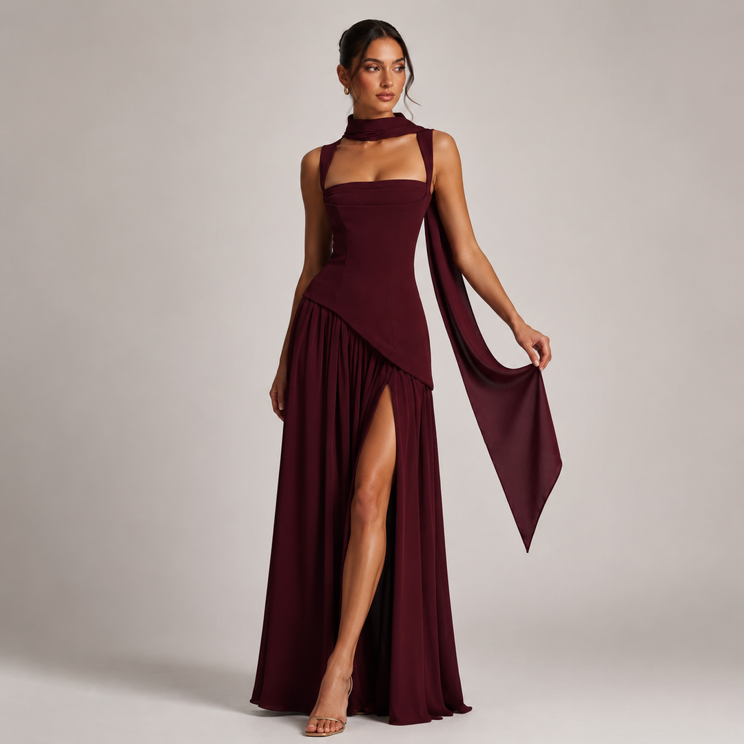 Montarello Women's Satin-Look Wedding Guest Maxi Dress with Draped Skirt, view 8 - Elena Harper