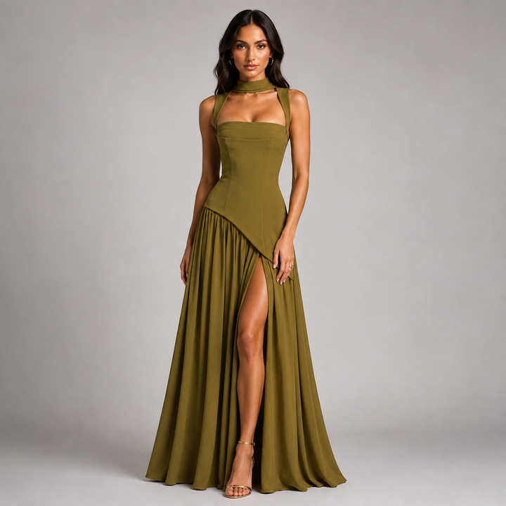 Montarello Women's Satin-Look Wedding Guest Maxi Dress with Draped Skirt, view 4 - Elena Harper