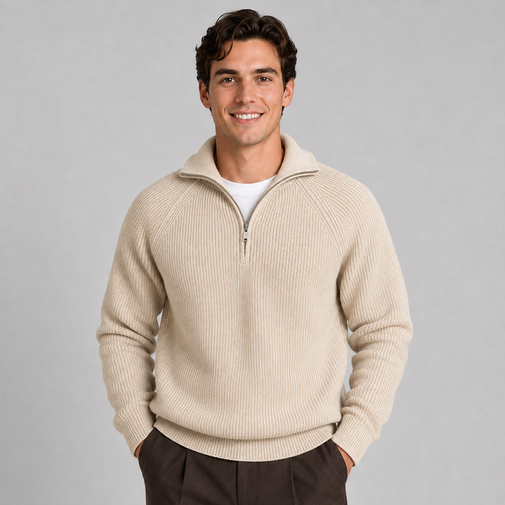 Montarello Men's Knit Sweater with Quarter Zip Closure