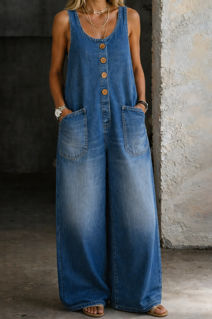 Amelia Vintage Washed Cotton Denim Overalls - Elena Harper
