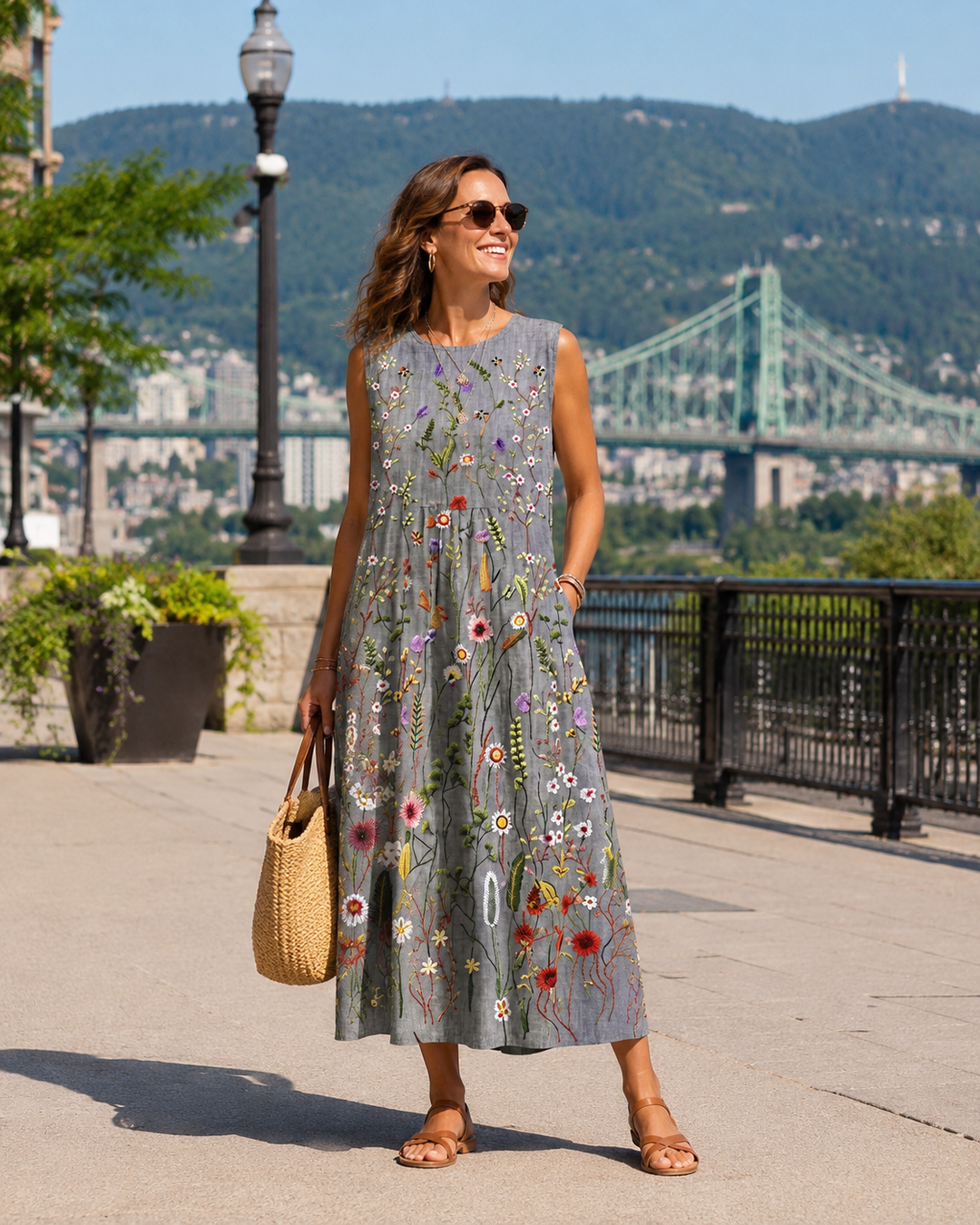 Sleeveless Floral Midi Dress for Women with Flowing Cut