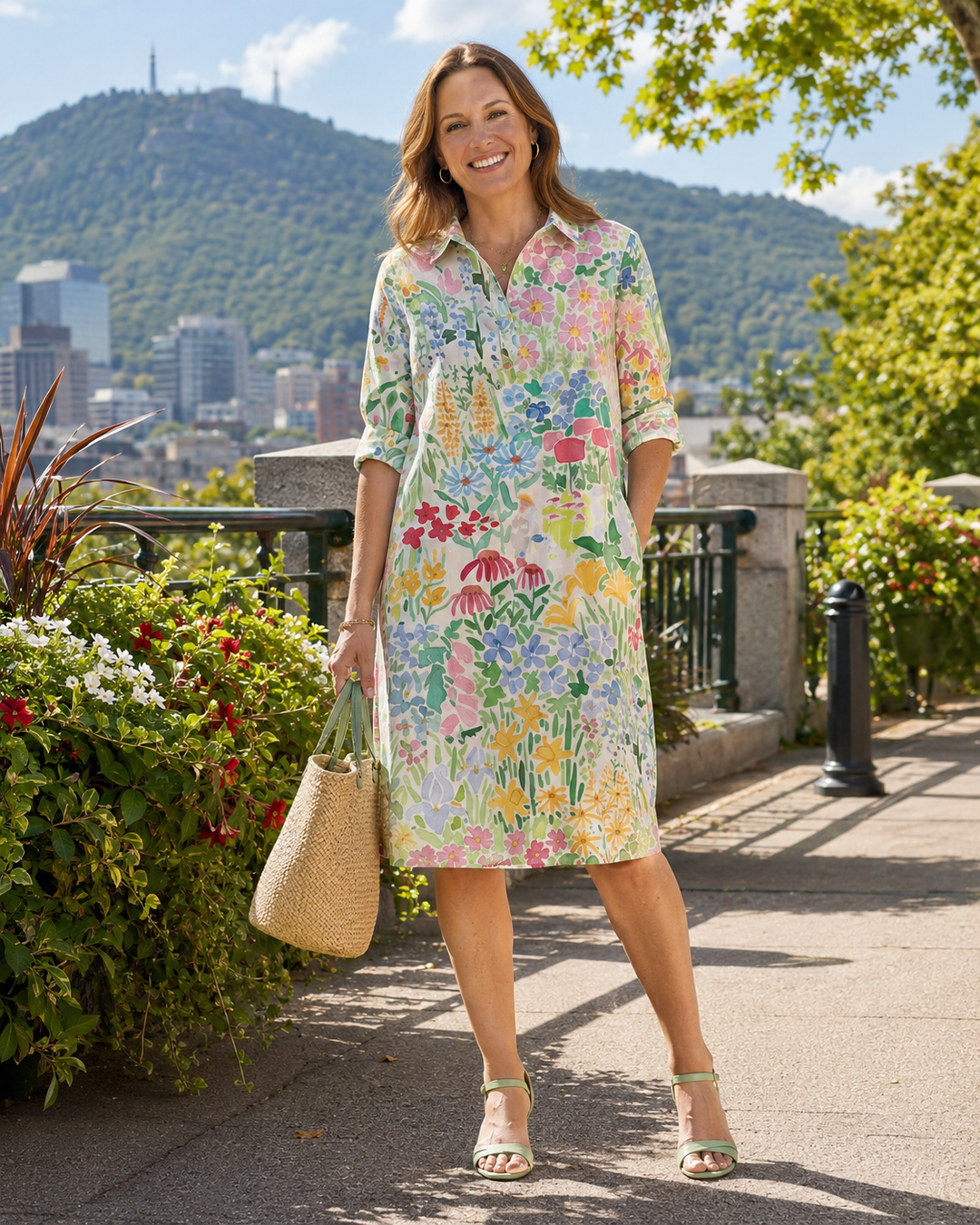 Women's Floral Print Shirt Dress with Three-Quarter Sleeves - Elena Harper