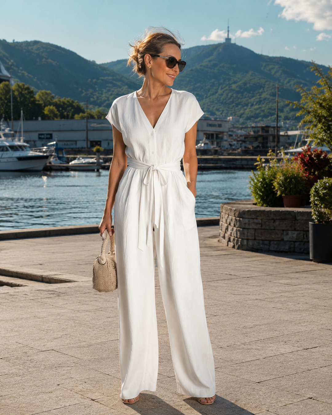 Women's V-Neck Jumpsuit with Belt and Wide Pants