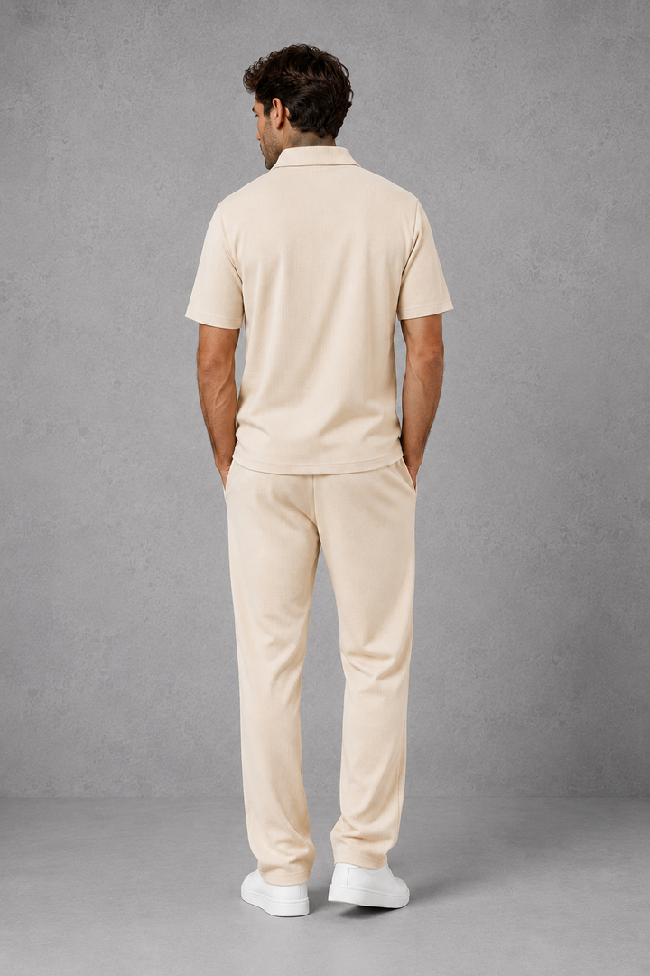 Men’s Waffle Knit Zip Polo & Drawstring Trouser Co-Ord Set, view 3 - Elena Harper