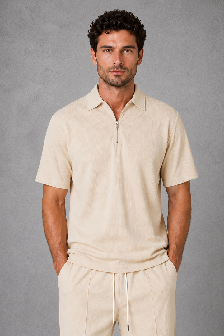 Men’s Waffle Knit Zip Polo & Drawstring Trouser Co-Ord Set, view 4 - Elena Harper