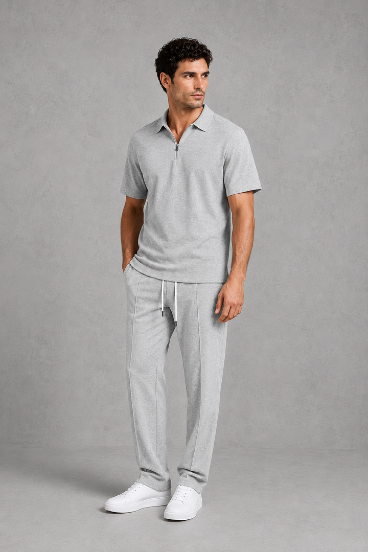 Men’s Waffle Knit Zip Polo & Drawstring Trouser Co-Ord Set, view 7 - Elena Harper
