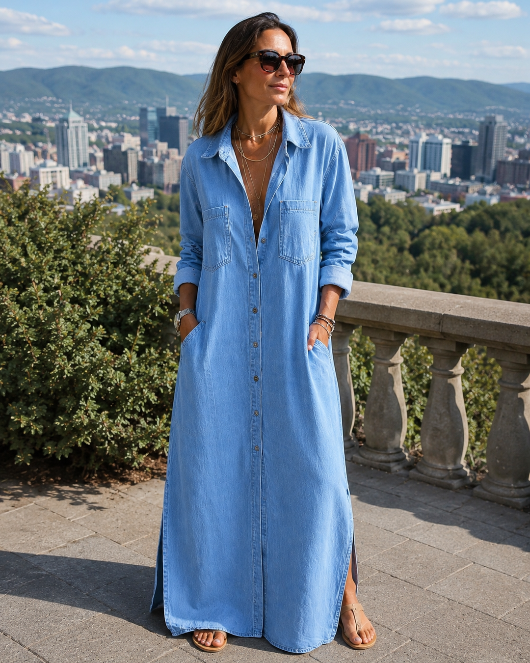 Women's Long Denim Shirt Dress with Buttons