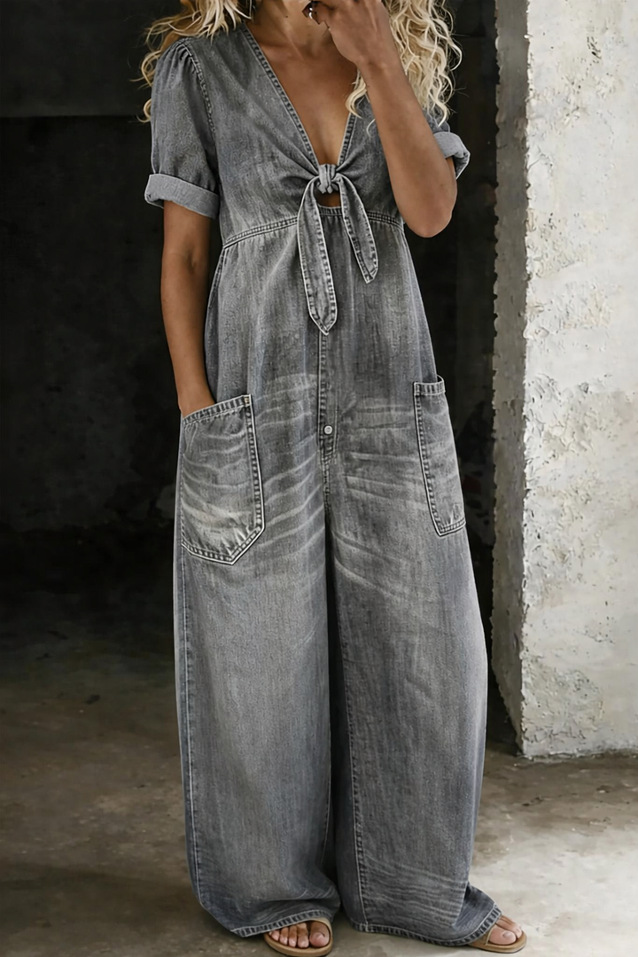 Women's Soft Denim Jumpsuit with V-Neck and Wide Legs