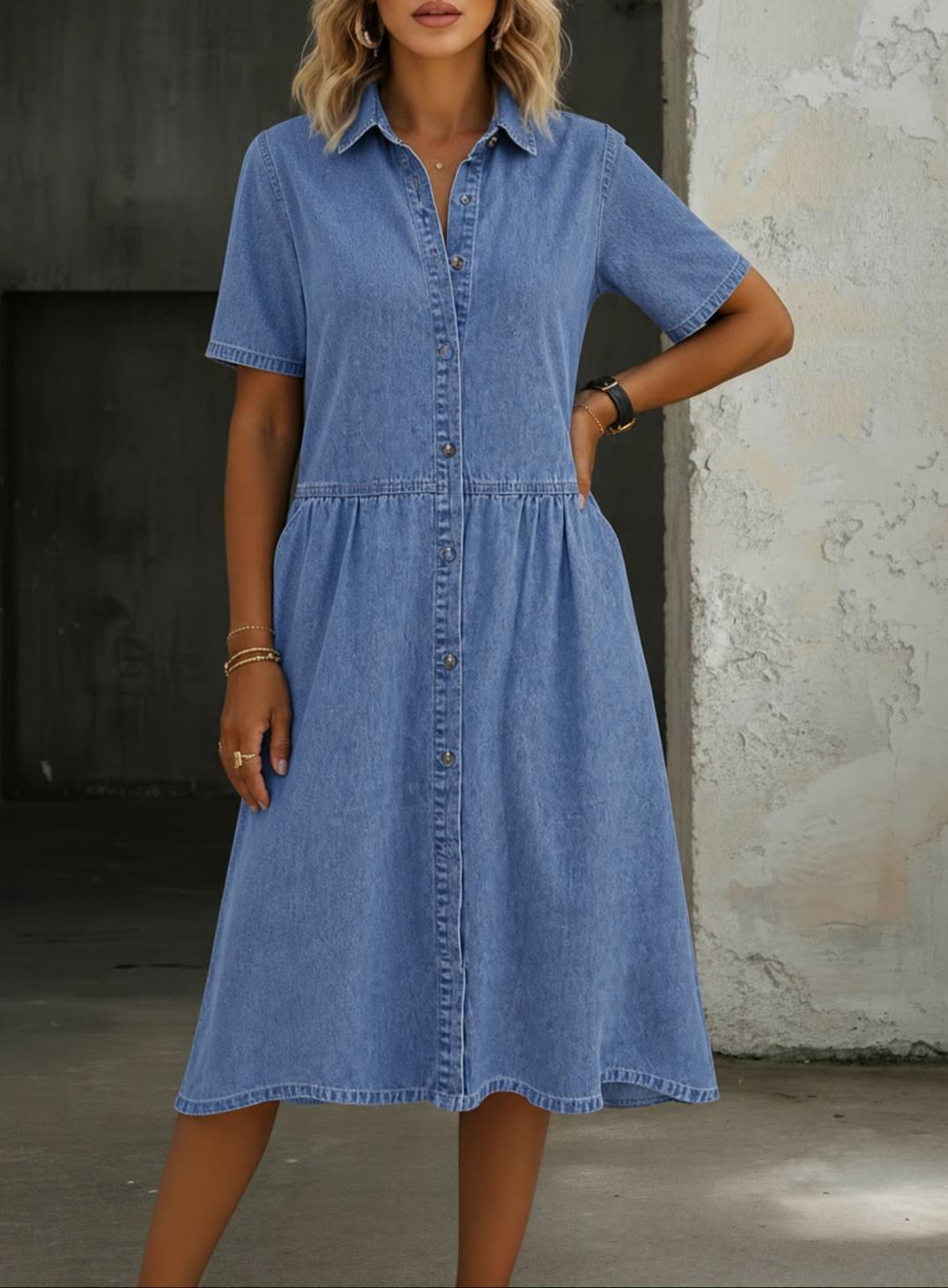 Carol Short Sleeve Denim Dress - Elena Harper