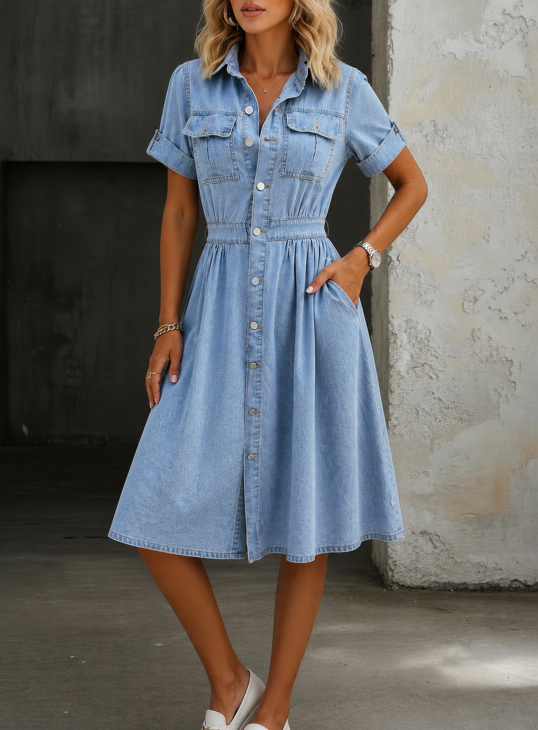 Deborah Short Sleeve Denim Dress - Elena Harper