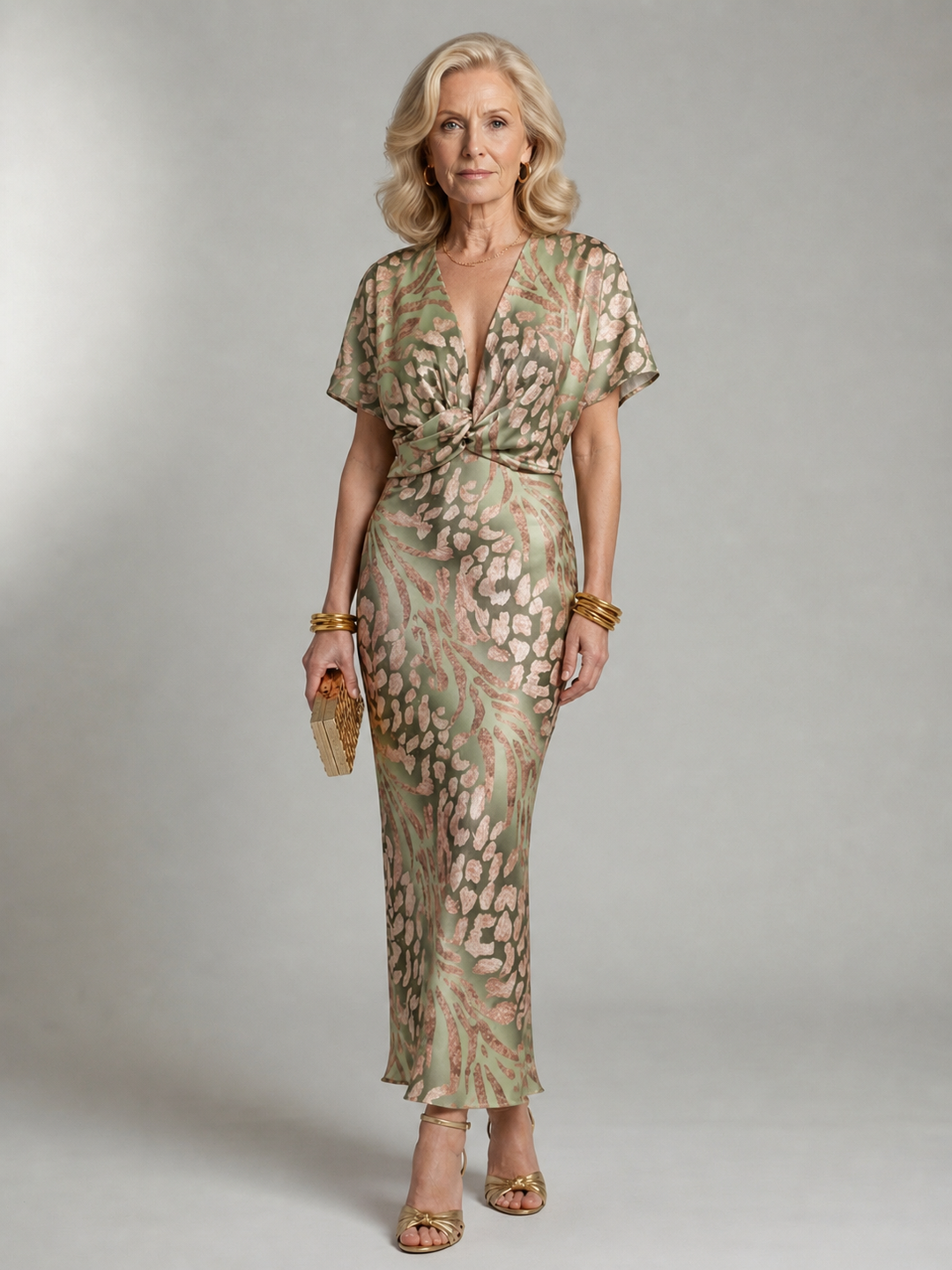 Abstract Print Midi Dress with V-Neck and Twisted Waist - Elena Harper