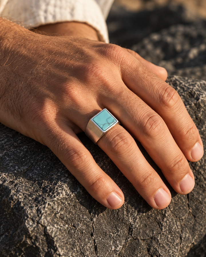 Square Blue Howlite Stone Ring For Men, view 6 - Elena Harper