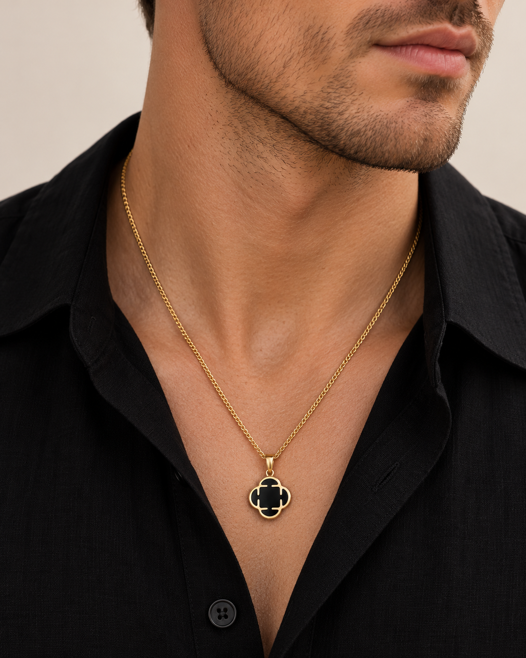 Gold-Tone Black Clover Necklace For Men