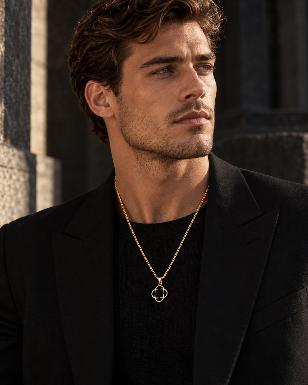Gold-Tone Black Clover Necklace For Men