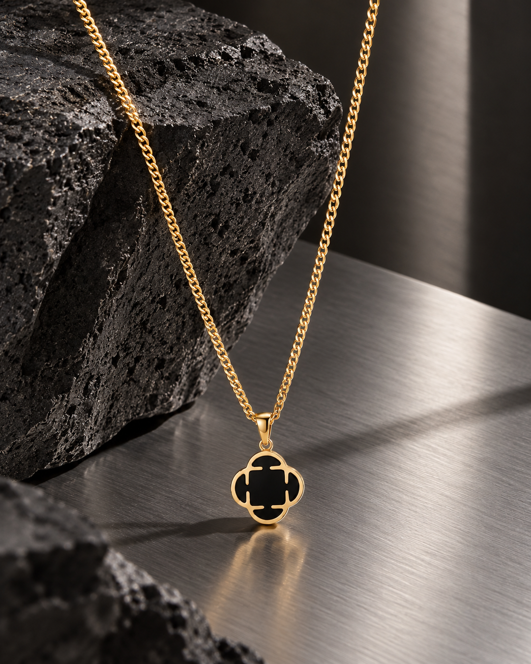 Gold-Tone Black Clover Necklace For Men