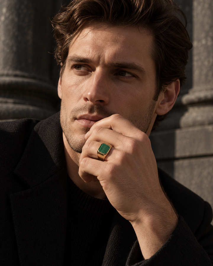 Gold-Tone Green Stone Signet Ring For Men