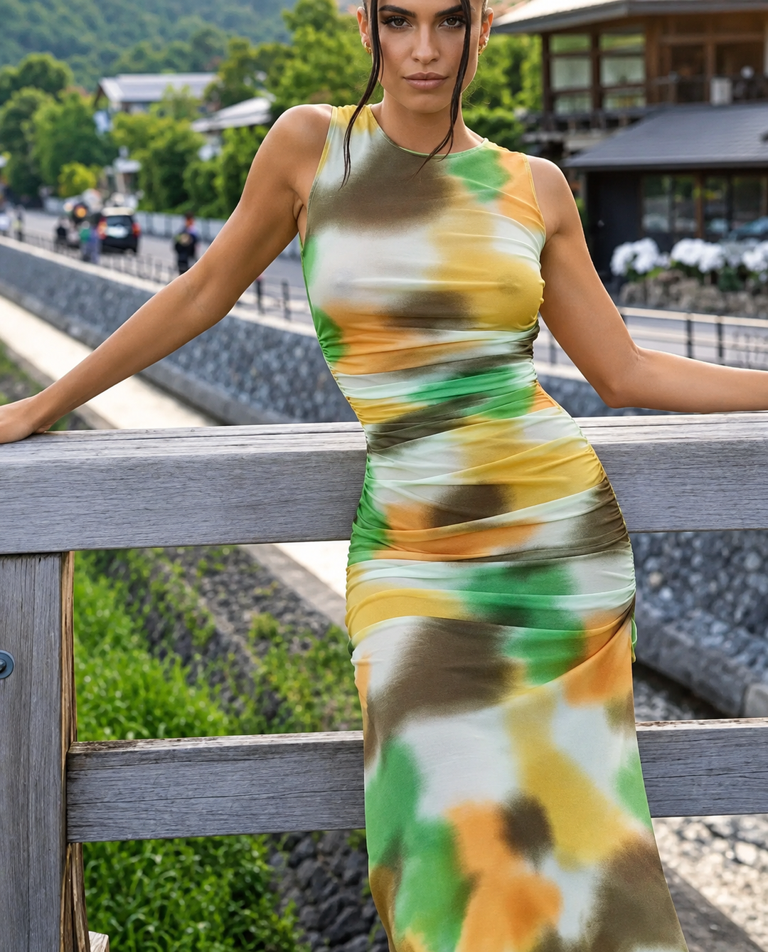 Abstract Print Draped Maxi Dress