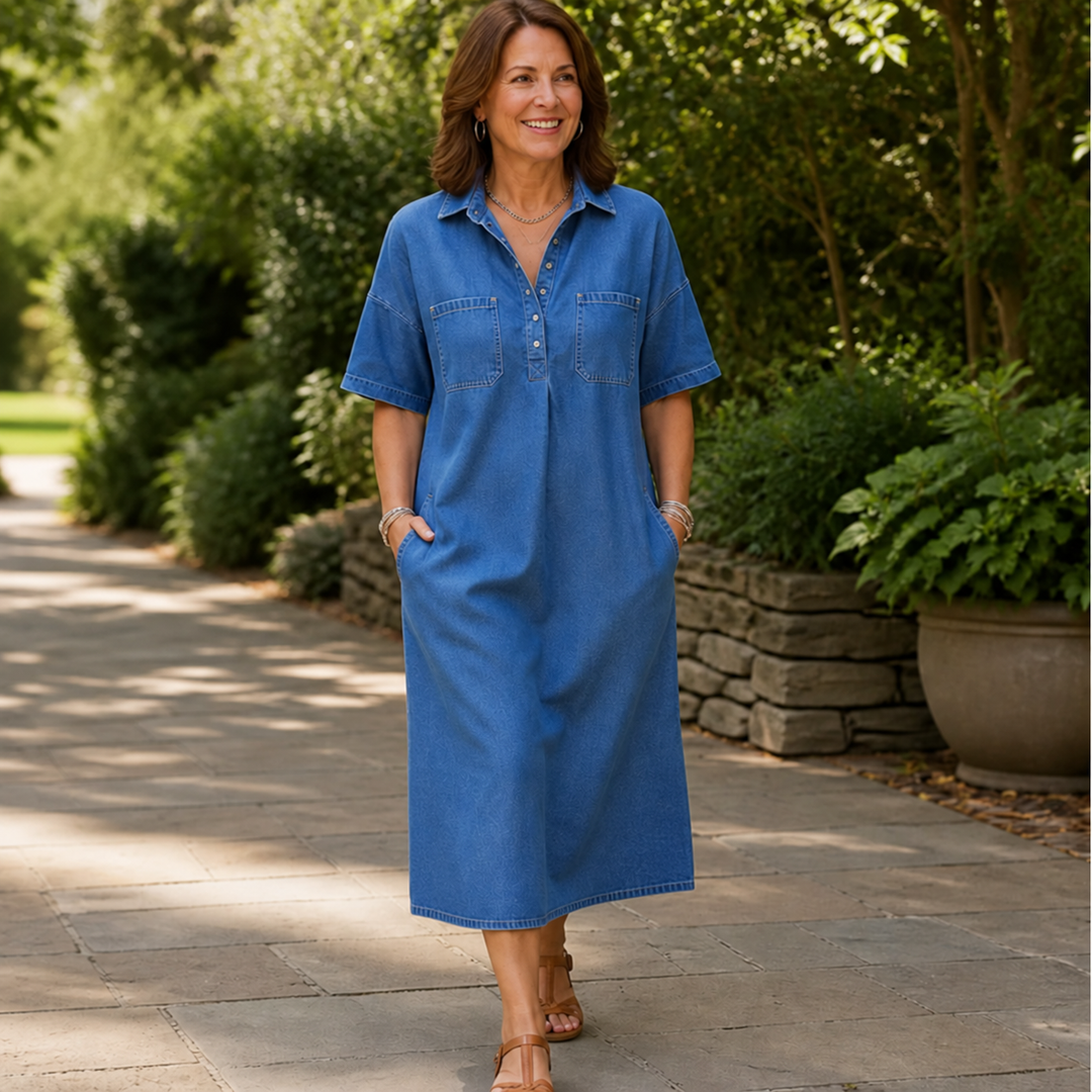 Denimly Pocketed Shirt Collar Denim Midi Dress - Elena Harper