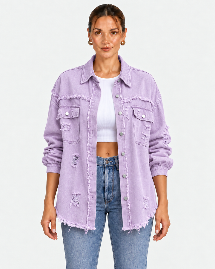 Distressed Raw Hem Casual Jacket For Women