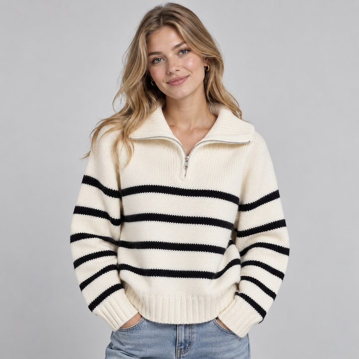 Montarello Women's Sweater, Half-Zip, Striped High Collar
