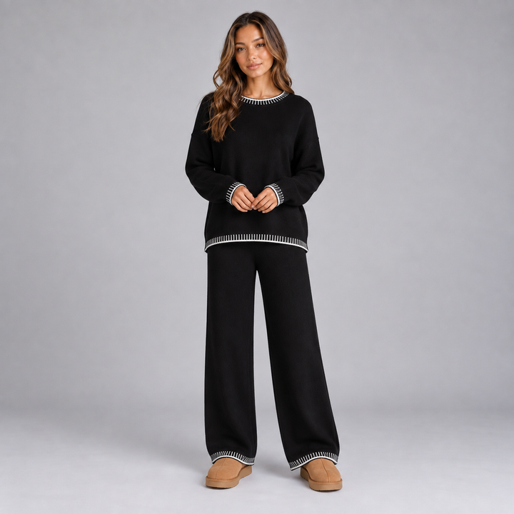Knitted Relaxation Set for Women Montarello, Contrast Edges and Wide Legs