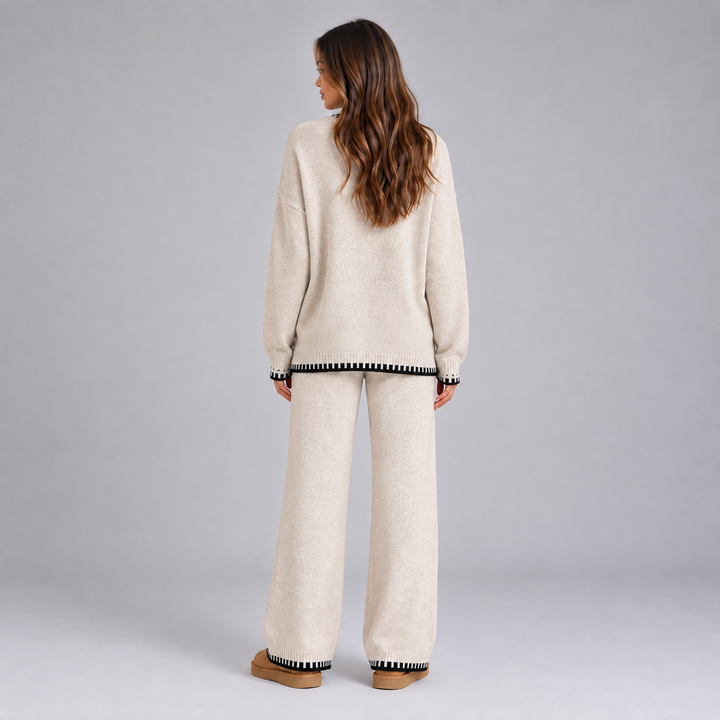 Knitted Relaxation Set for Women Montarello, Contrast Edges and Wide Legs