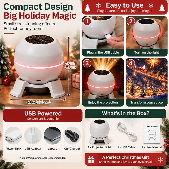 Kerstlichtprojector met bewegende sterpatronen, USB-voeding, wit