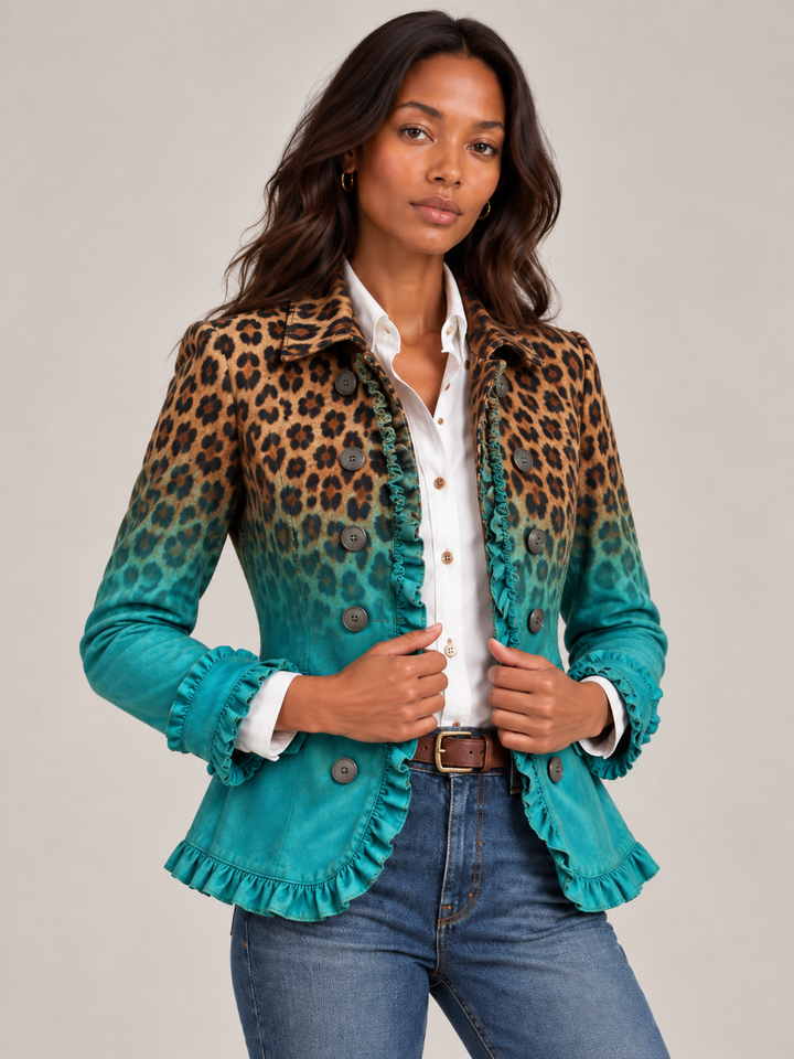 Women's Blazer with Leopard Print Gradient and Ruffles, Double-Breasted Front