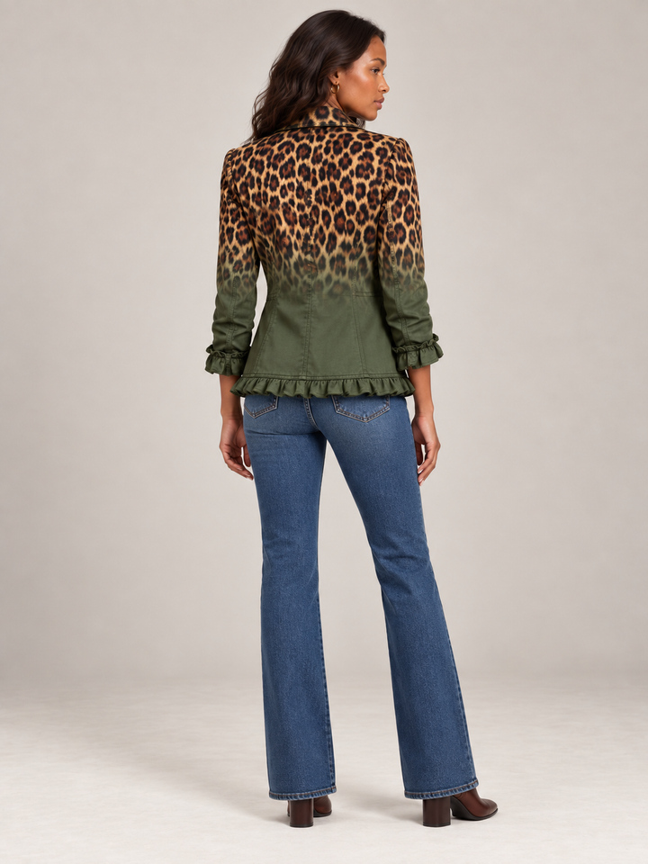 Women's Blazer with Leopard Print Gradient and Ruffles, Double-Breasted Front