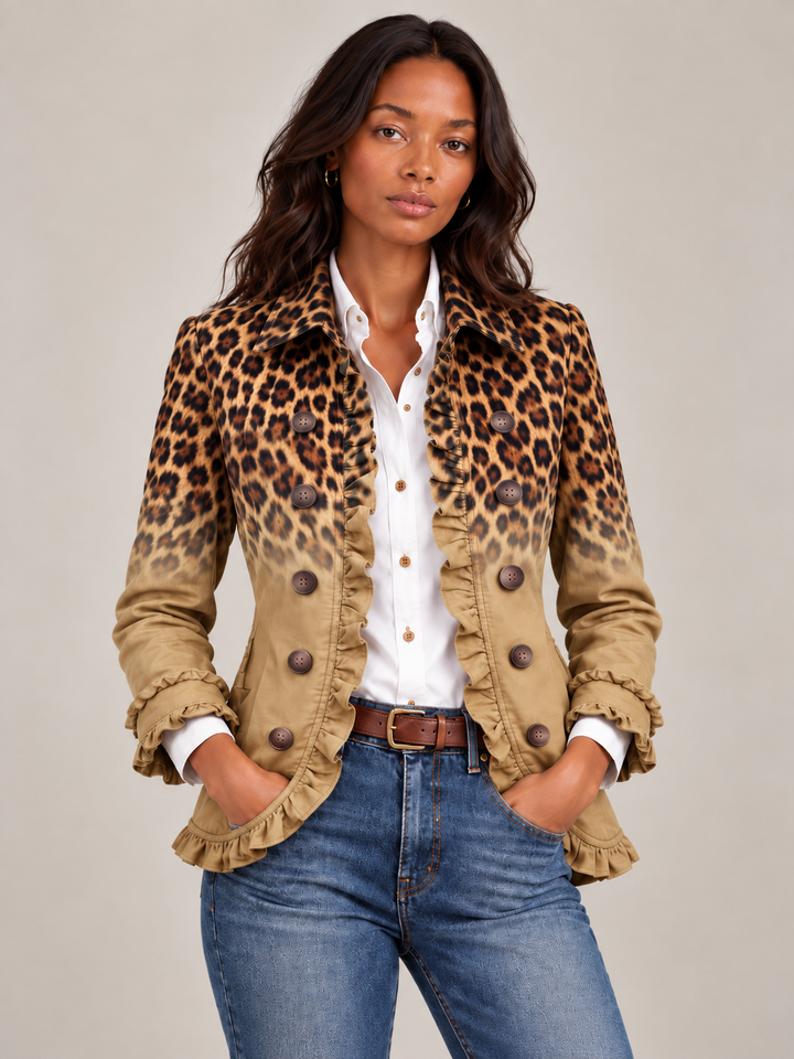 Women's Blazer with Leopard Print Gradient and Ruffles, Double-Breasted Front