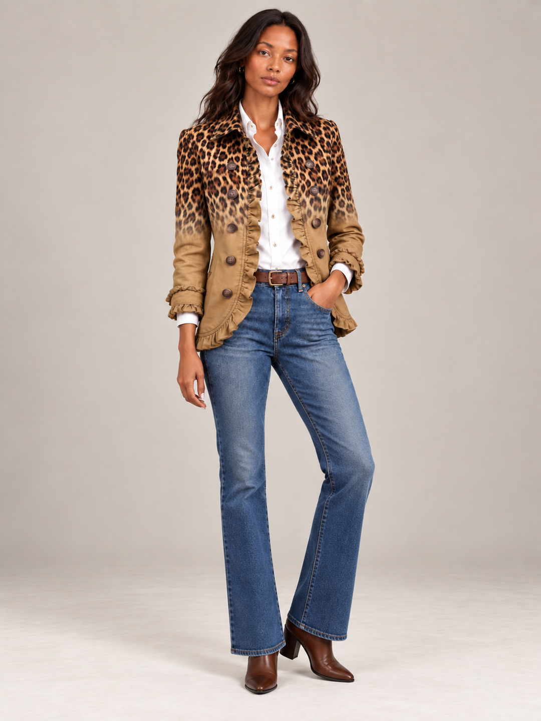 Women's Blazer with Leopard Print Gradient and Ruffles, Double-Breasted Front