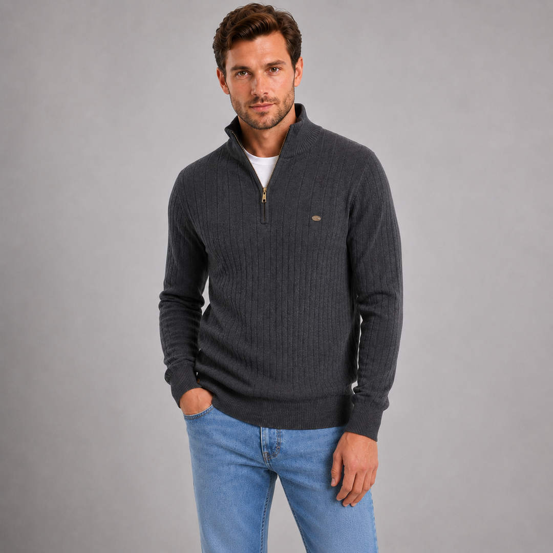 Montarello Men's Quarter Zip Jumper Ribbed Funnel Neck, view 6 - Elena Harper