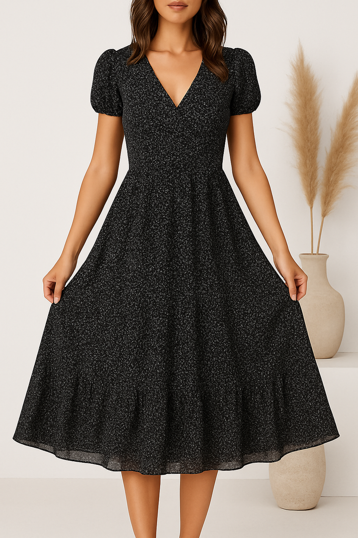 Elegant Flared Midi Dress for Women – Short Sleeves V-Neck Style