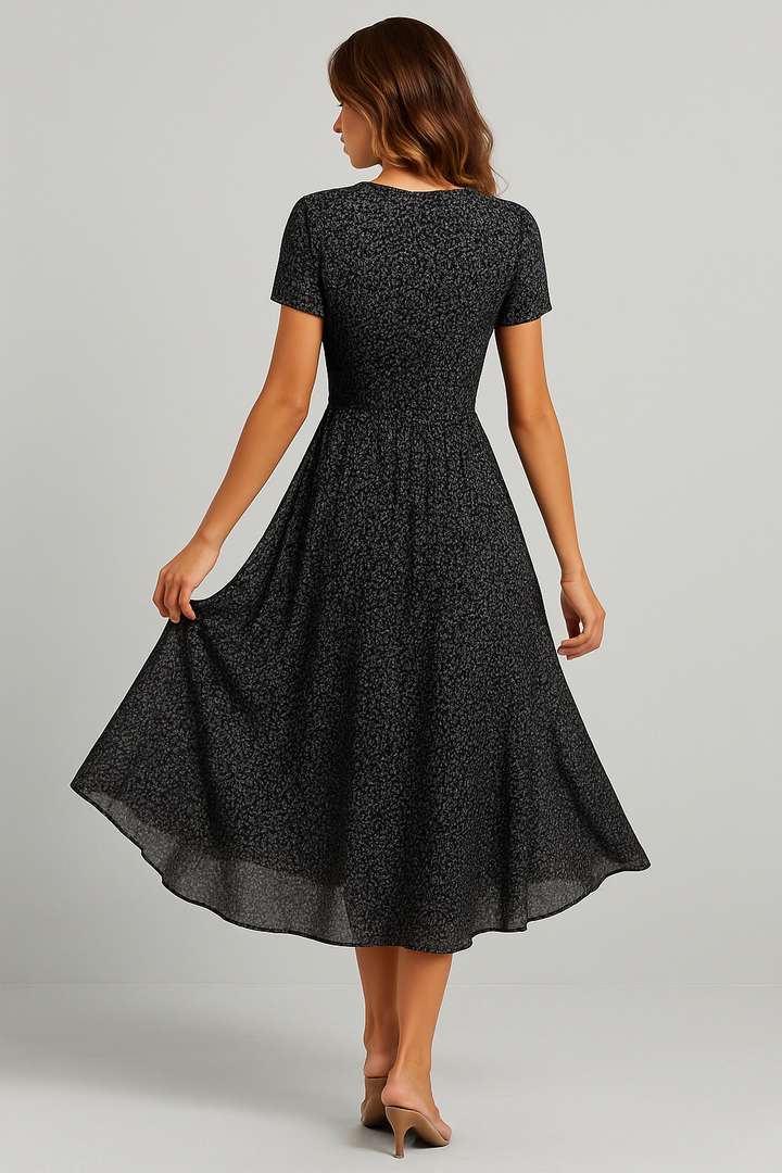Elegant Flared Midi Dress for Women – Short Sleeves V-Neck Style
