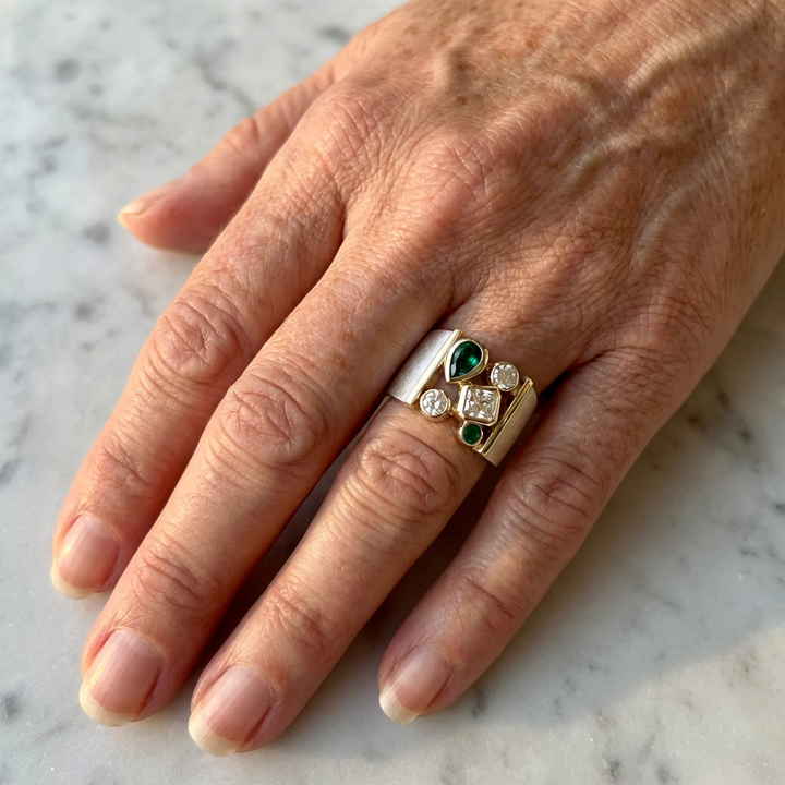 Classic White & Green Zirconia Wide Faced Ring - Elena Harper
