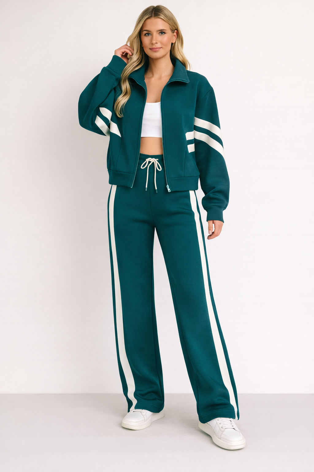 Striped Jogging Suit with Wide Leg Pants for Women