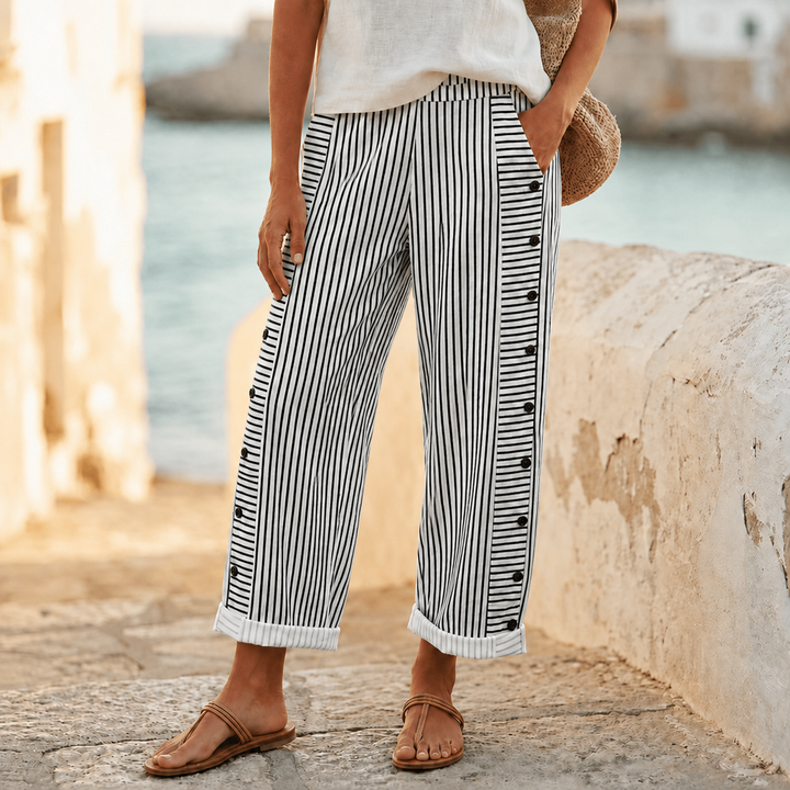 Coastlyn Women's Striped Pants with Button Trim - Elena Harper