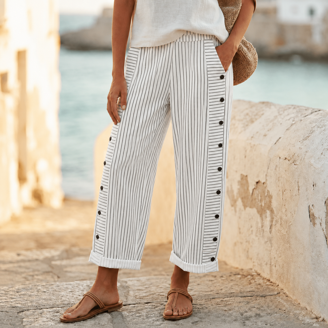 Coastlyn Women's Striped Pants with Button Trim - Elena Harper