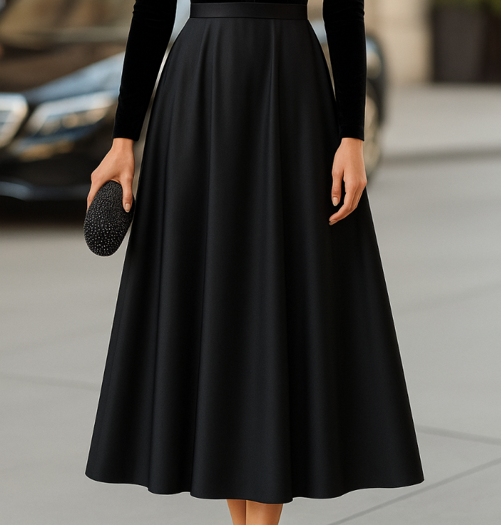 Ava Elegant Black Velvet And Satin Midi Dress - Elena Harper