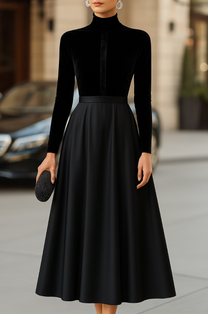 Ava Elegant Black Velvet And Satin Midi Dress - Elena Harper