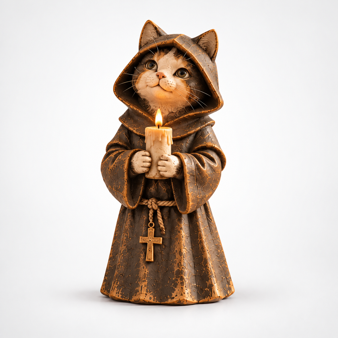 Courtly Cats – Candle-Holding Cat Monk Figurine