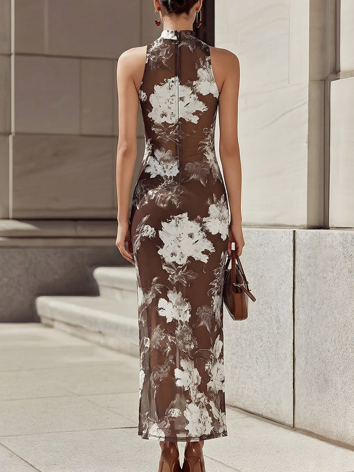Elegant Brown White Ink Floral Print Mesh Sleeveless Maxi Dress - Elena Harper