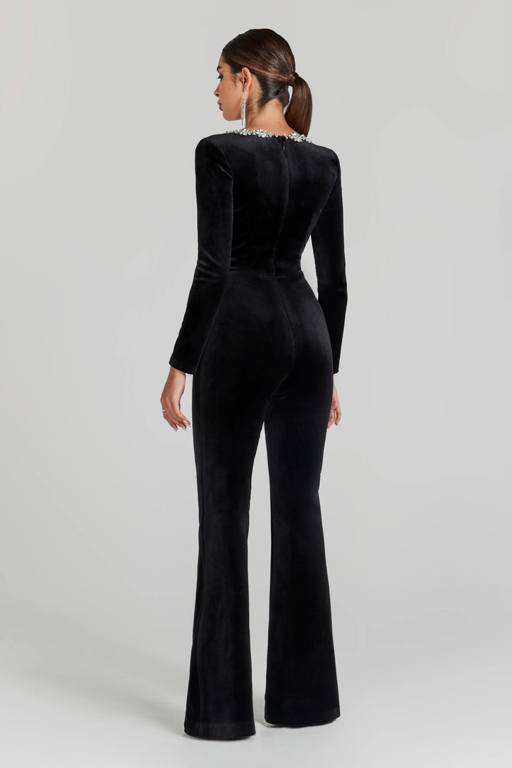 Elegant Black Jumpsuit with Embellished Square Neckline