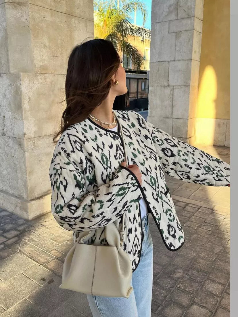 Geometric Print Quilted Thin Jacket, view 5 - Elena Harper