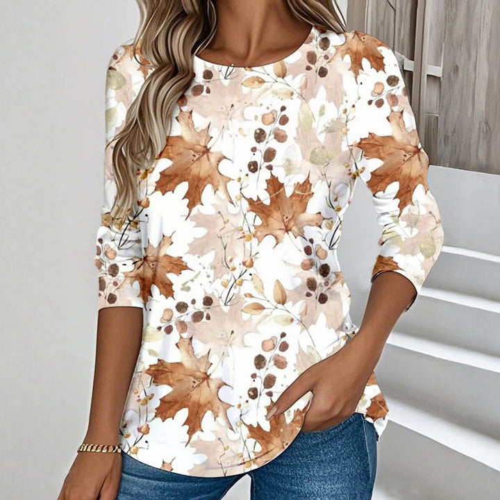 【Long Sleeves】Casual T-Shirt with Leaf Print - Elena Harper