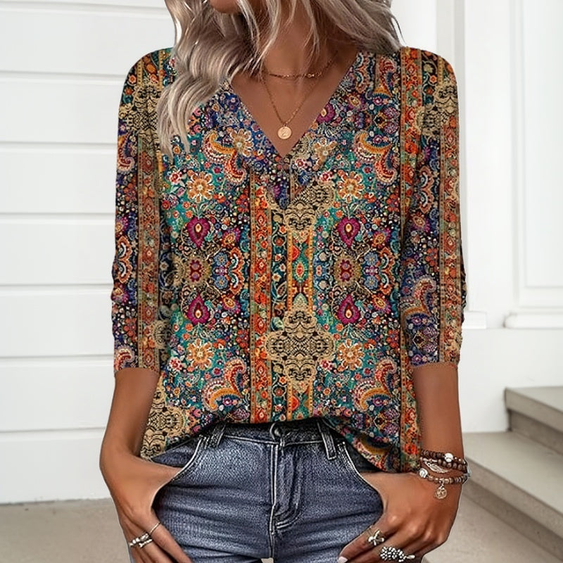 【Long Sleeves】Vintage Ethnic Print T-Shirt - Elena Harper