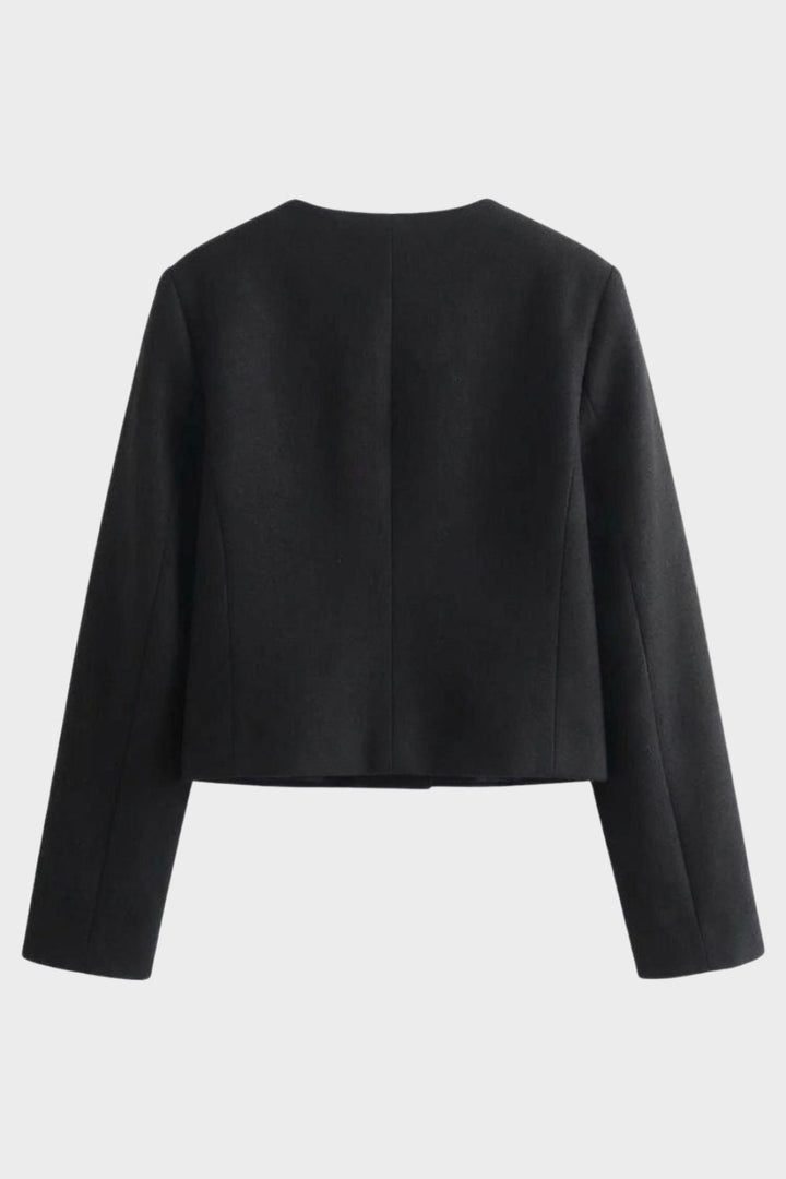 Women's Jacket Crew Neck Short Structured Pockets with Button Placket
