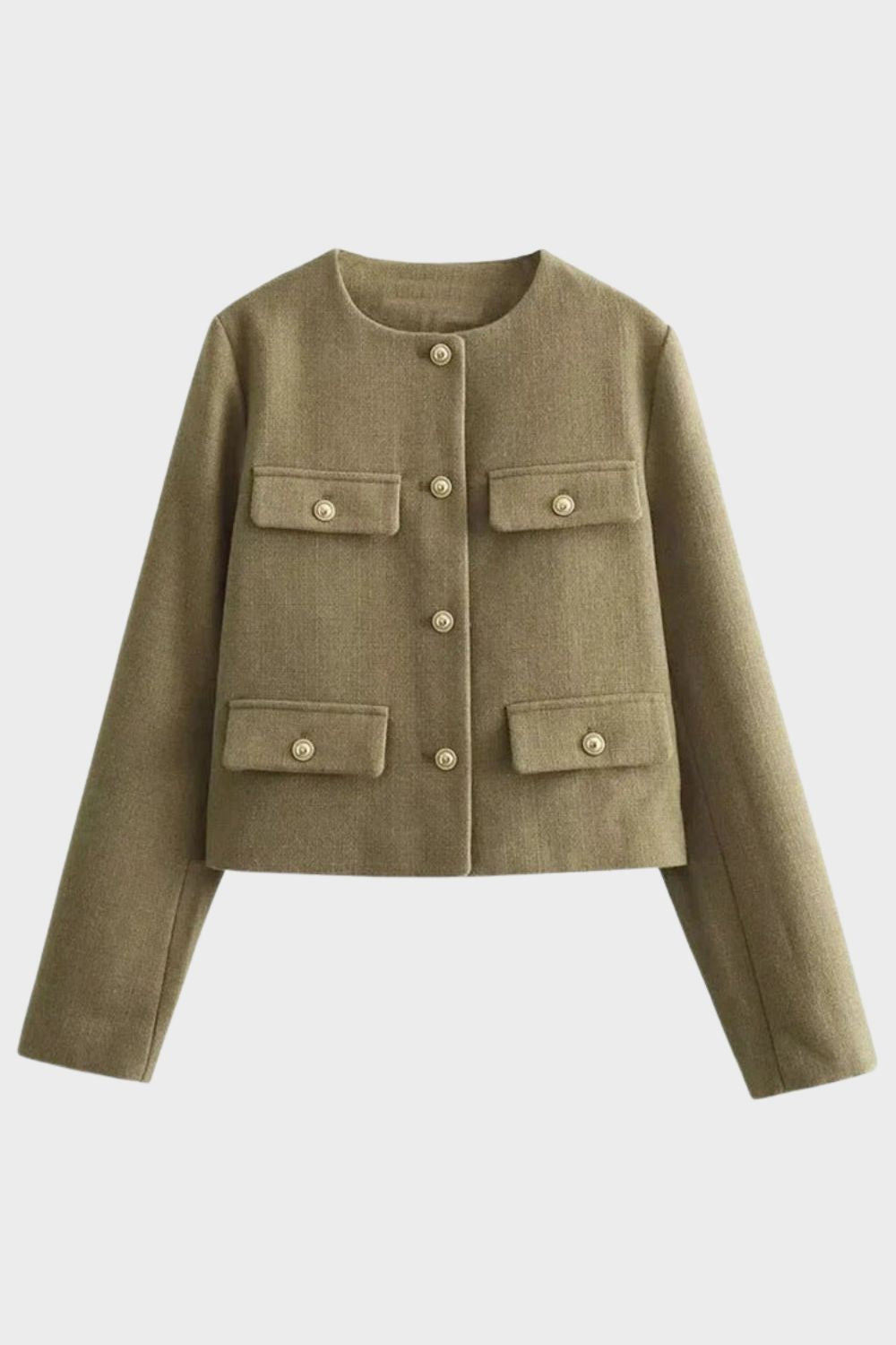 Women's Jacket Crew Neck Short Structured Pockets with Button Placket